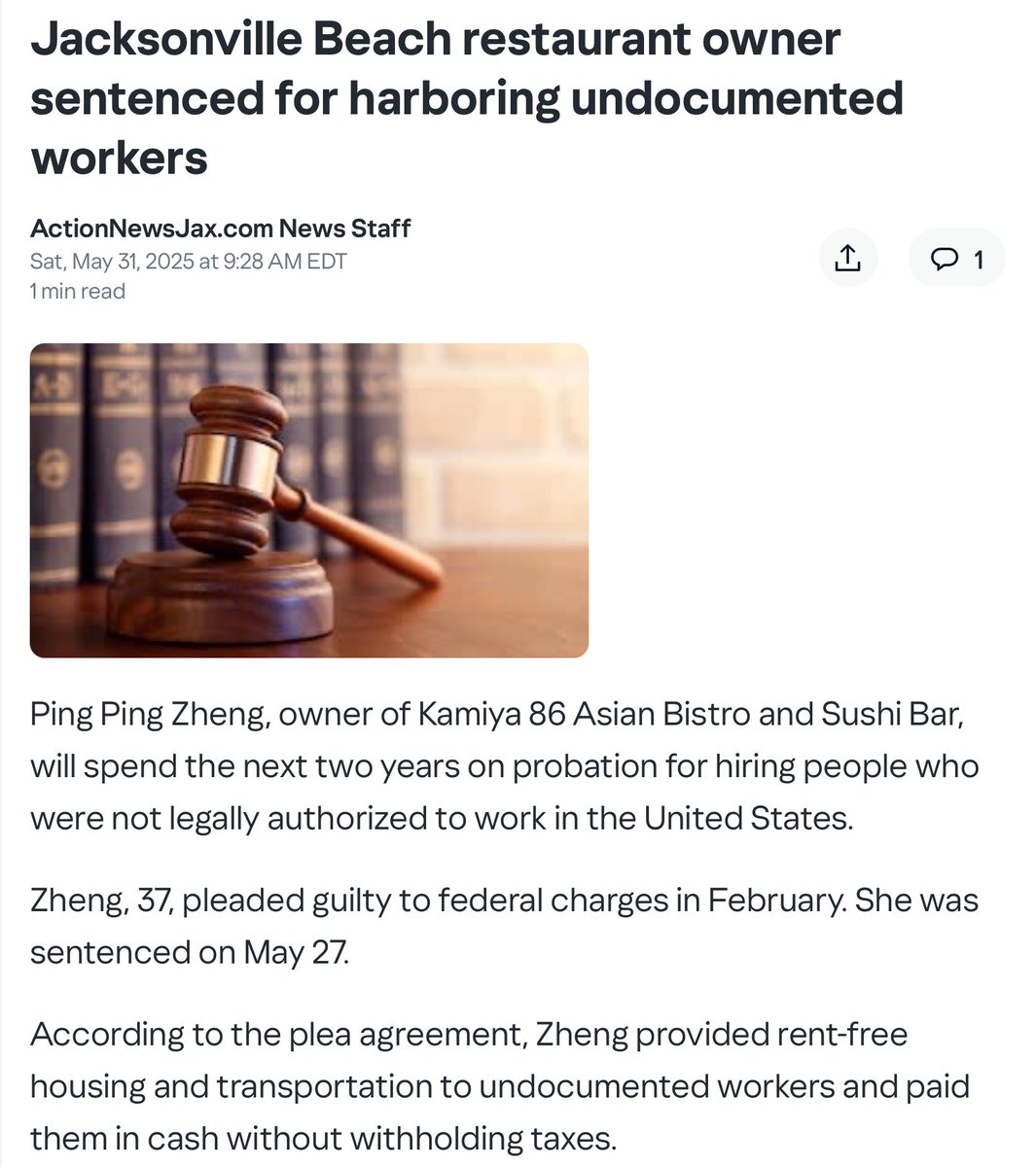 Jacksonville Beach restaurant owner sentenced for harboring undocumented workers

So, yeah. Don’t do this.