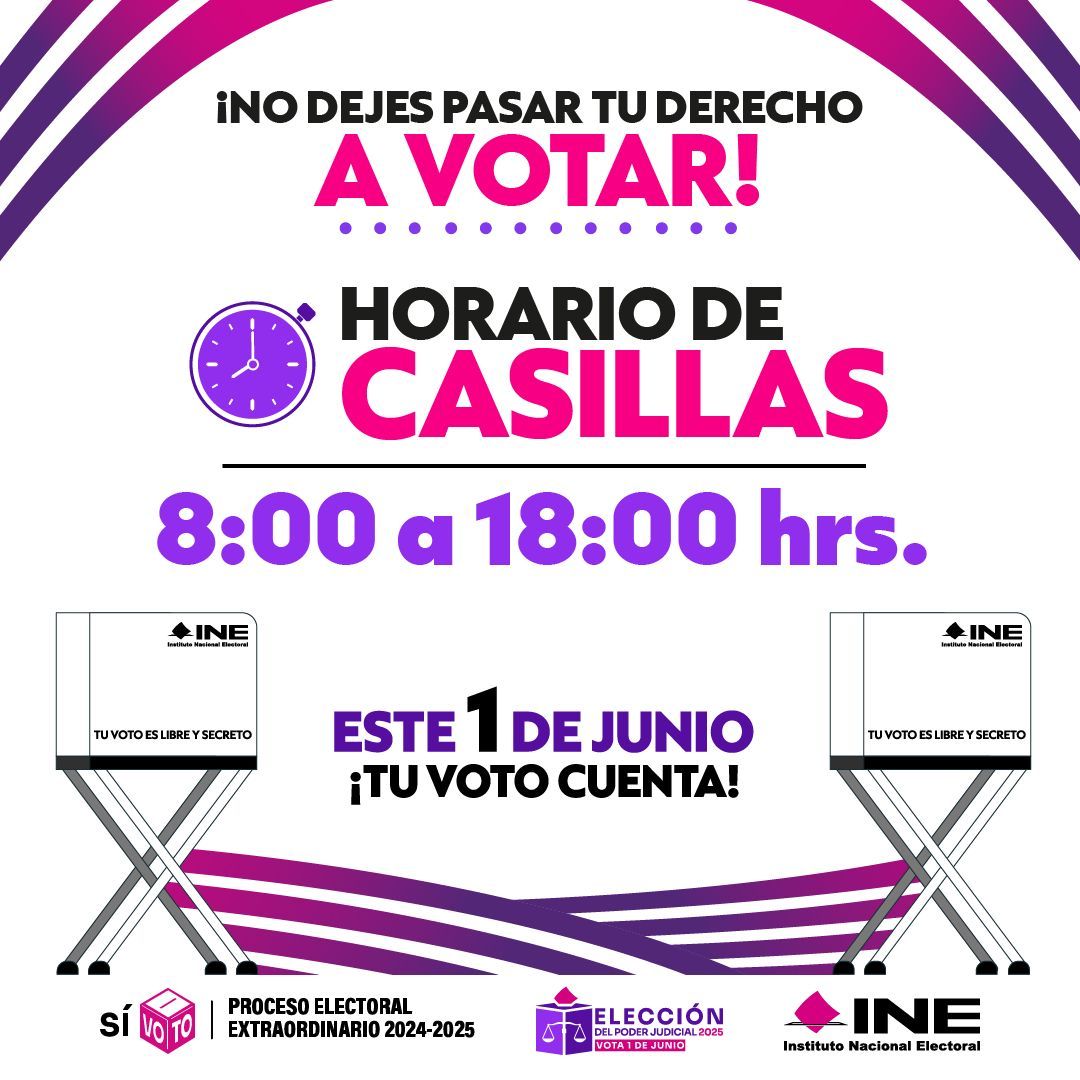 TransformaJud's tweet photo. ¡Que no se te pase la hora!
Recuerda que las casillas estarán abiertas de 8:00 a.m. a 18:00 p.m.
📅 Este 1 de junio, no te quedes sin participar.
#HorarioDeCasillasPJ #ParticipaciónCiudadanaPJ2025 https://t.co/vScLHgaJUy