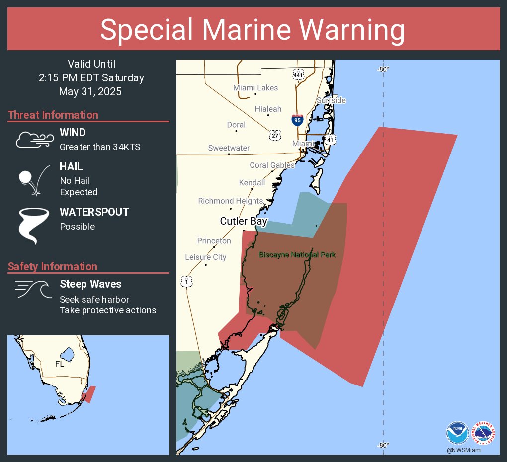 Special Marine Warning continues for the Coastal waters from Deerfield Beach to Ocean Reef FL out 20 NM and Biscayne Bay until 2:15 PM EDT