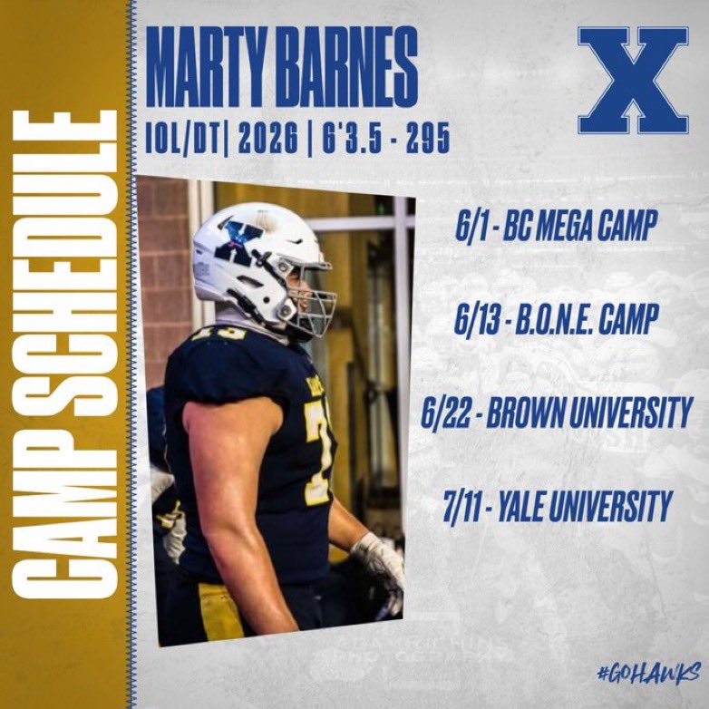 Marty Barnes (@martybarnes_) on Twitter photo Here is my Camp Schedule for this summer. Excited to compete!
<a href="/XBHS_Football/">Xaverian Football</a>
<a href="/2025BONECAMP/">Best of New England</a>
<a href="/NE6FB_Recruits/">NE-Recruits</a> Here is my Camp Schedule for this summer. Excited to compete!
<a href="/XBHS_Football/">Xaverian Football</a>
<a href="/2025BONECAMP/">Best of New England</a>
<a href="/NE6FB_Recruits/">NE-Recruits</a>