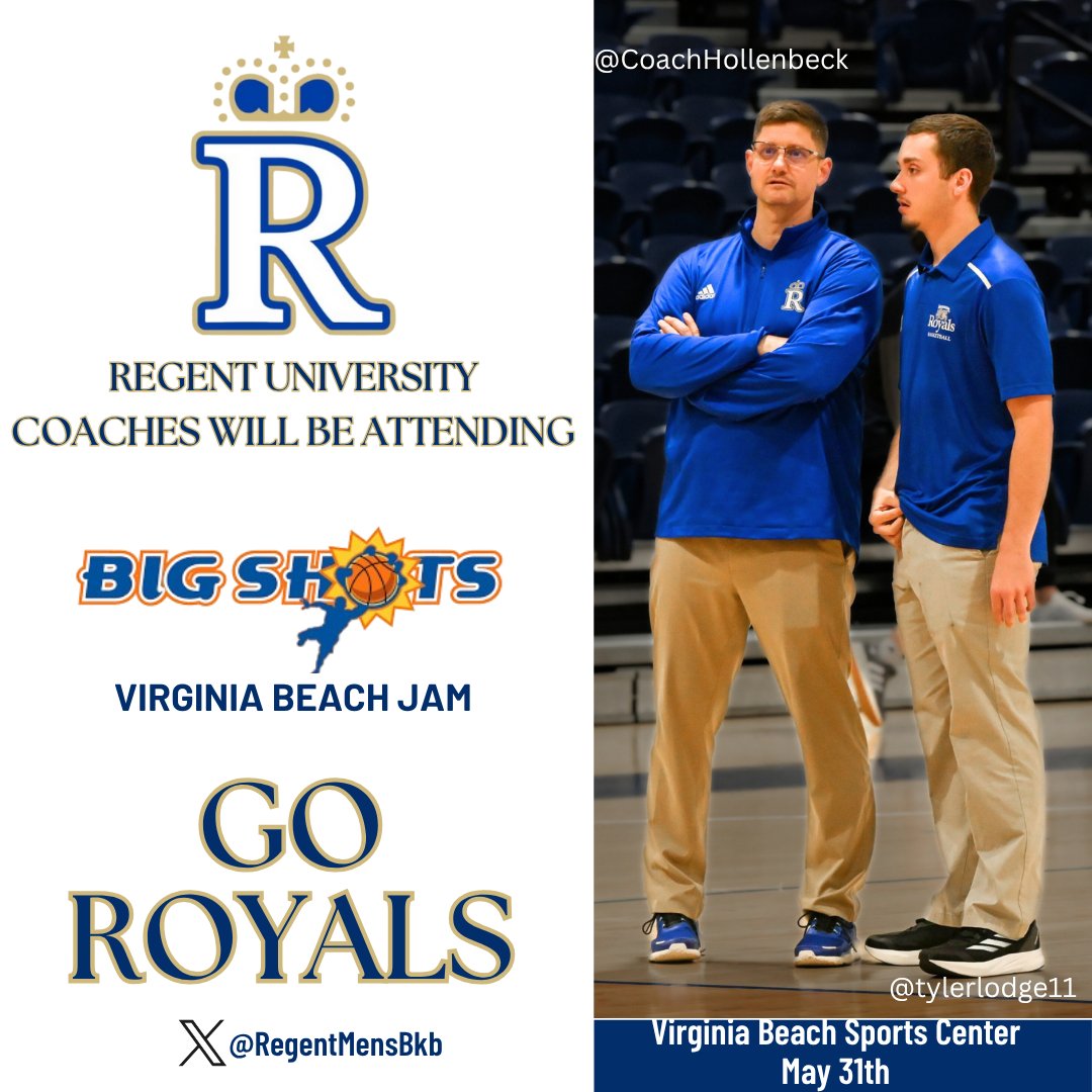 Regent University coaches <a href="/CoachHollenbeck/">Barry Hollenbeck</a>  and <a href="/tylerlodge11/">Tyler Lodge</a>  are excited to recruit down street at the <a href="/BigShotsGlobal/">BIG SH🏀TS</a> Virginia Beach Jam this afternoon.