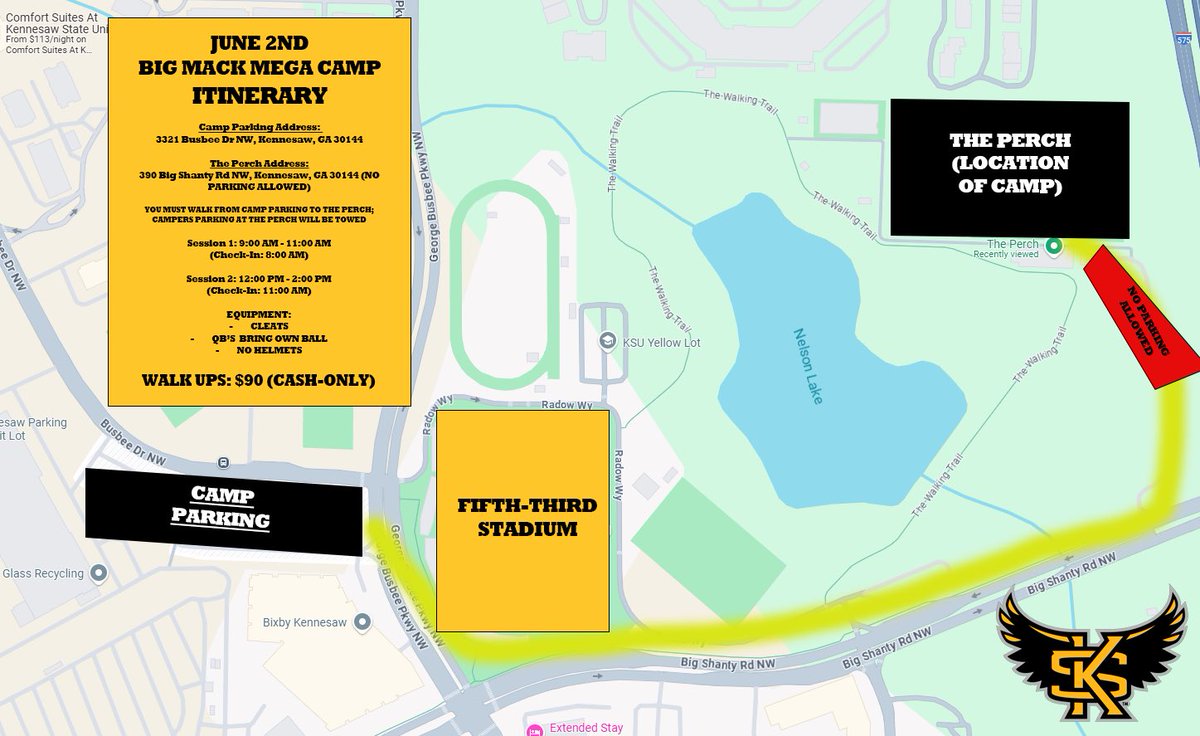 Kennesaw State Football Recruiting (@ksufbrecruiting) on Twitter photo June 2nd Parking Map for the Big Mack Mega Camp!
Campers must park at 3321 Busbee Dr NW, Kennesaw, GA 30144
NO Parking is allowed at The Perch for Campers
Walk-Up: $90 (Cash Only)
If you have any questions please reach out to jerrymackfootballcamps@gmail.com June 2nd Parking Map for the Big Mack Mega Camp!
Campers must park at 3321 Busbee Dr NW, Kennesaw, GA 30144
NO Parking is allowed at The Perch for Campers
Walk-Up: $90 (Cash Only)
If you have any questions please reach out to jerrymackfootballcamps@gmail.com