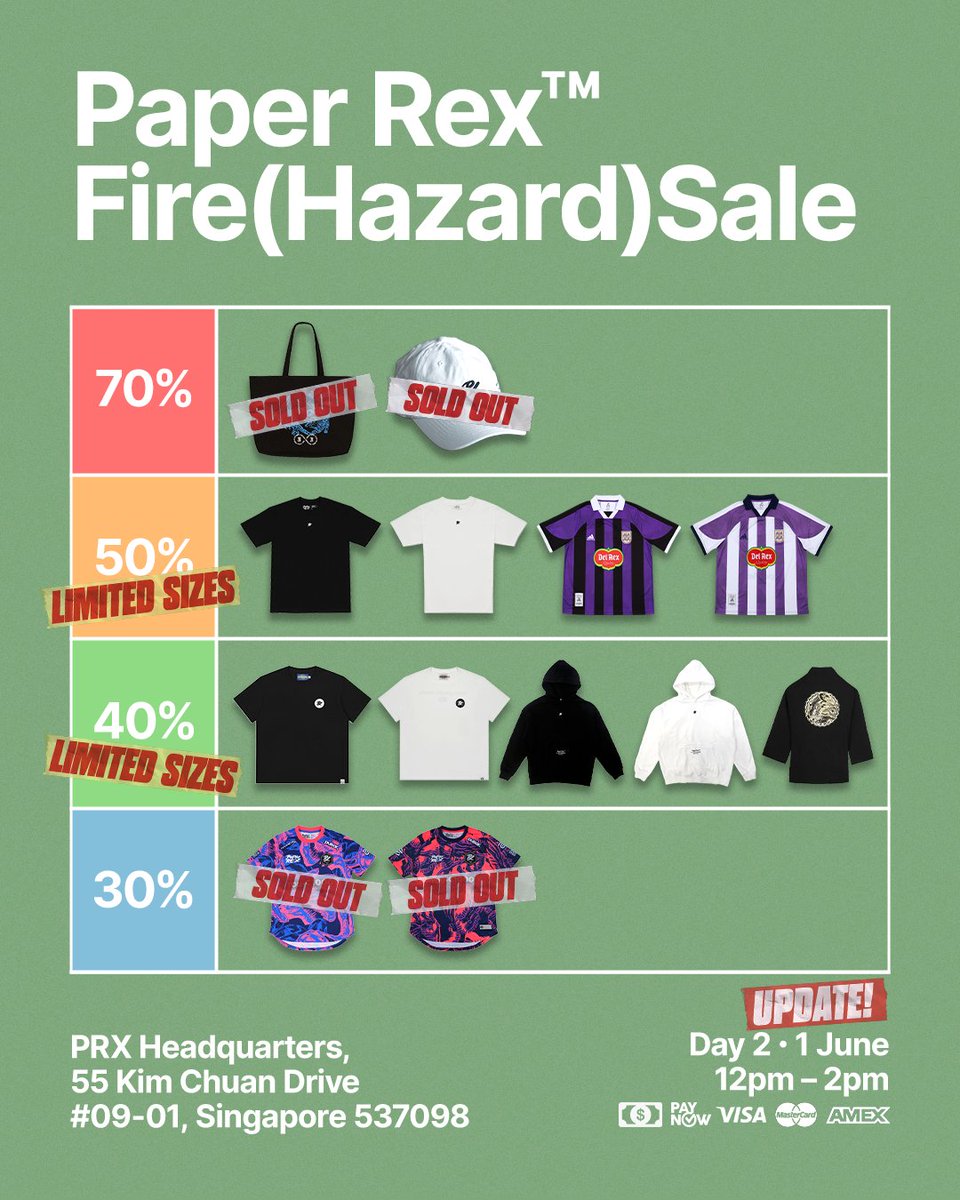 Paper Rex (@pprxteam) on Twitter photo Thank you to everyone who showed up for Day 1 of our Warehouse Sale! ๐๐ป๐ฃ๏ธ
Weโre SOLD OUT on most of our stock โ but there are still limited sizes available for some items!
๐จ Please note: Tomorrowโs sale hours have been updated to 12PM โ 2PM. Artistsโ Alley will follow the same Thank you to everyone who showed up for Day 1 of our Warehouse Sale! ๐๐ป๐ฃ๏ธ
Weโre SOLD OUT on most of our stock โ but there are still limited sizes available for some items!
๐จ Please note: Tomorrowโs sale hours have been updated to 12PM โ 2PM. Artistsโ Alley will follow the same