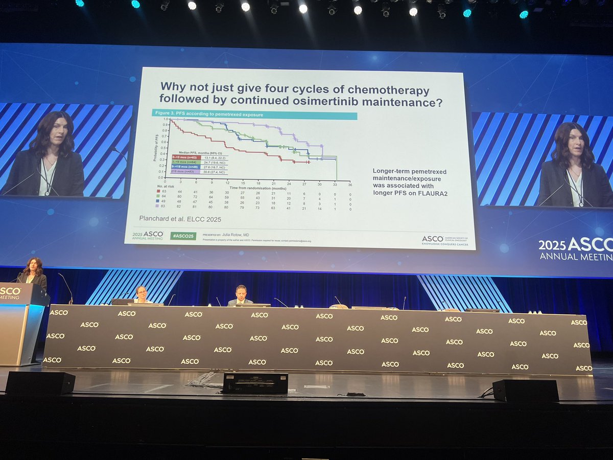So important to remember - continuation of pemetrexed maintenance on the #FLAURA2 likely is required to derive benefit!  <a href="/JuliaRotow/">Julia Rotow MD</a> @asco #ASCO25 <a href="/EGFRResisters/">EGFR Resisters</a> <a href="/DFEGFRcenter/">Dana Farber's EGFR Mutant Lung Cancer Center</a> #LCSM