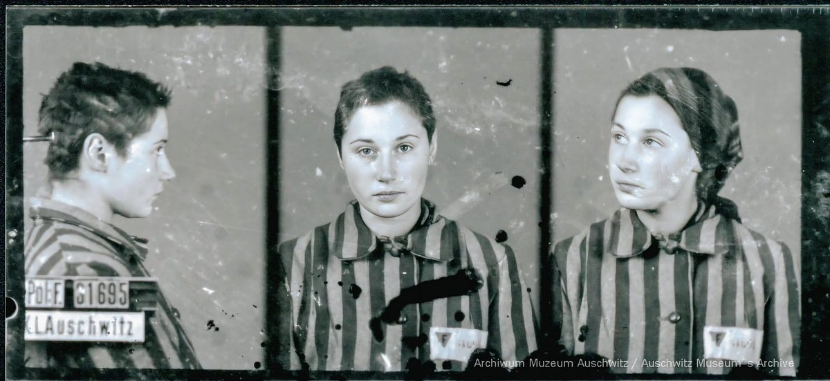 This is Hélène Brabander, a Polish member of the French Resistance. She arrived at Auschwitz on January 26, 1943. After being unloaded and lined up, the female French partisans were led on foot to the women’s camp at Birkenau, singing La Marseillaise as they walked. She died in