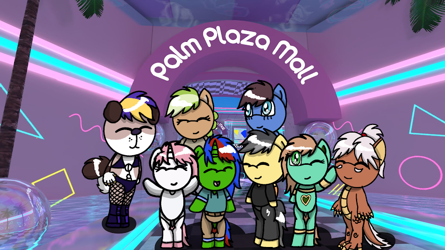 "Palm Plaza Mall"
Ft Lustr, Nekonin, Dandy, Minty, Bizarre, TrackiestH (as Goldheart) and Poli

A drawing based on my last VRC Session. 
It is magical to experience new worlds in company

🔔NEW ANIMATION 🔔
🎂