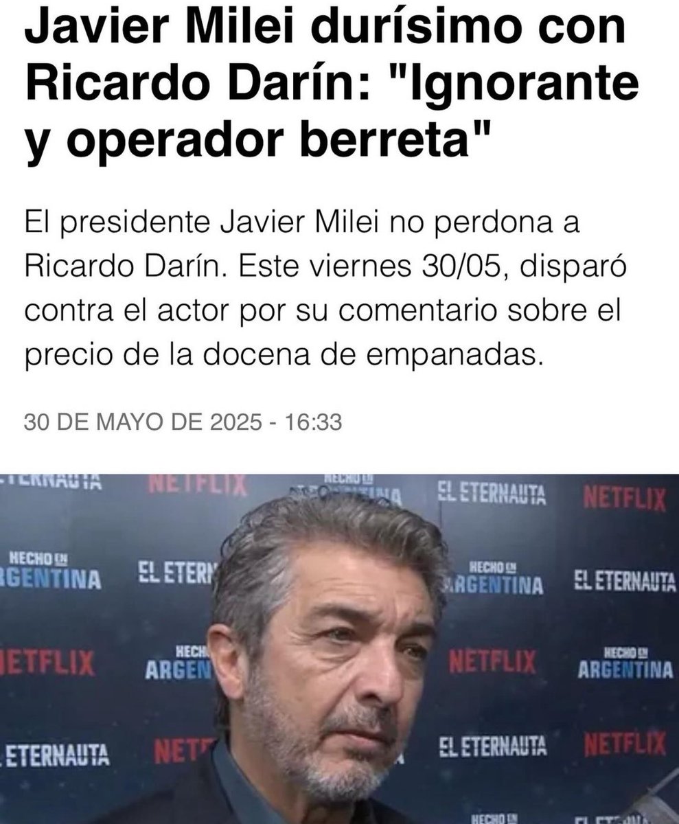 FerRaverta's tweet photo. El esfuerzo que hacen por convertir la agresión verbal y el insulto en un idioma aceptado está muy mal.

El presidente de la Nación no es una persona cualquiera. Legitima formas, impone estilos de época y ataca desde un poder que la víctima no tiene para defenderse.

Agredir y faltarle el respeto a Ricardo Darín, uno de los mejores actores de la Argentina, reconocido en el mundo, termina tiñendo de violencia los vínculos de cercanía: entre vecinos, compañeros de trabajo, de escuela (donde se manifiesta en formas de bullying), e incluso con desconocidos que se cruzan en la calle y pueden terminar una discusión a las piñas (en el mejor de los casos).

¿Del lado del insulto o del abrazo?
¿Del lado de la indiferencia o la solidaridad?
¿Del lado de la agresión o de la convivencia?

¿Vos de qué lado estás?

#EnfrentemosAlOdio