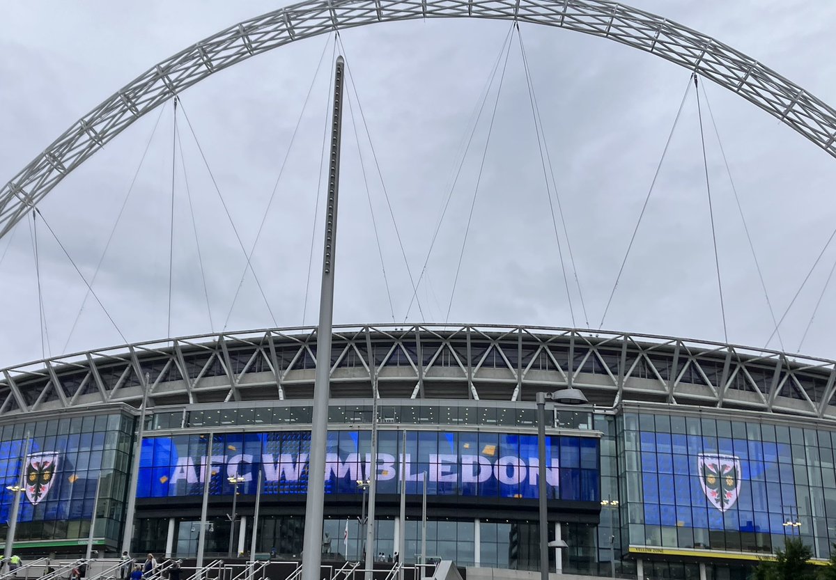 janiedimond's tweet photo. For those who didnโt get to see this on Monday. Our fans-owned beauty of a club @AFCWimbledon, loud and proud under the Wembley arch after winning the play-offs. League 1 here we come! ๐๐ #Wimbledon #afcwimbledon #realdons https://t.co/bUw8yn8TQ6