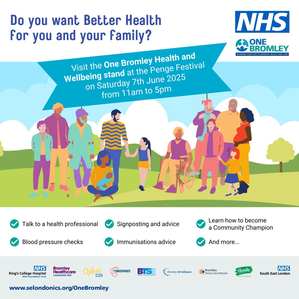Come and chat with us at Penge Festival on Saturday 7 June. We'll be at Royston Field, Franklin Road, Penge, SE20 7QG between 11am–5pm.

Visit our stall and get:

✅ Health and wellbeing information
✅ Blood pressure checks
✅ Immunisation support

And more for the whole family!