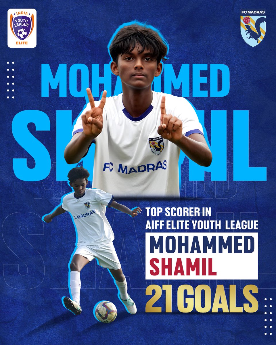 fcmadras's tweet photo. Topping the charts! ๐ฏ
Shamil finishes the AIFF Elite Youth League as the top scorer!
A testament to hard work and dedication.
#FCMadras #AIFF #FCM #FlyingSquirrels #ChampionsForLife #WinningTogether #MadeInMadras
#AIFFYouthLeague #AIFFEliteLeague https://t.co/epIc5c2g5q