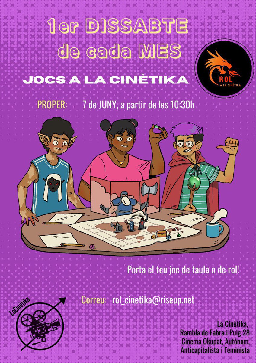 7/06/25 Jornada de jocs de taula i de rol

A partir d’ara quedarem per jugar a jocs de taula i jocs de rol els primers dissabtes de cada mes a les 10:30h.

Al juny, ens trobarem el dissabte 7 de juny a partir de les 10:30h al hall de baix.