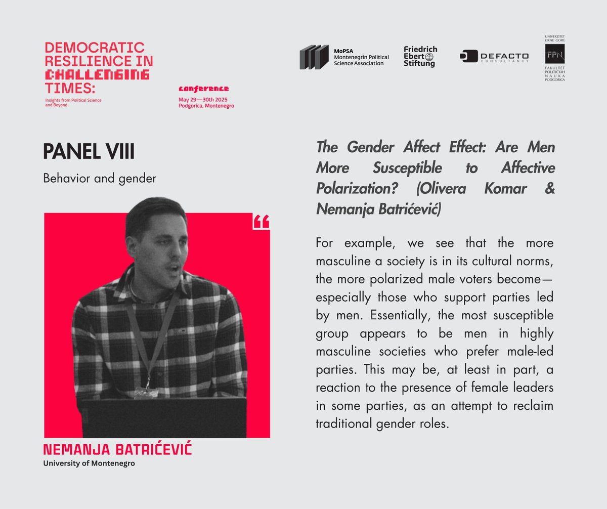 MoPSA (@mopsa_) on Twitter photo 🟣At #MoPSA2025, Nemanja Batrićević (University of Montenegro) presented research coauthored with <a href="/OliveraKomar/">Olivera Komar</a> on gender & affective polarization.
Contrary to expectations, it's not men but women who show higher partisan hostility, especially in more gender-equal societies. 🟣At #MoPSA2025, Nemanja Batrićević (University of Montenegro) presented research coauthored with <a href="/OliveraKomar/">Olivera Komar</a> on gender & affective polarization.
Contrary to expectations, it's not men but women who show higher partisan hostility, especially in more gender-equal societies.