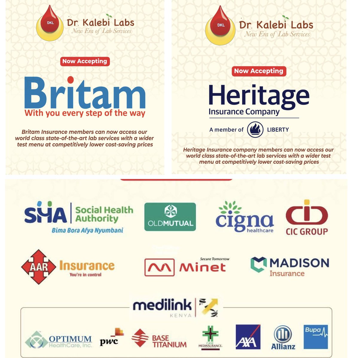 As we enter our sixth month since fully launching operations for our greenfield ultramodern lab at the start of the year, we’re excited to announce that Britam and Heritage Insurance are now officially accepted providers at Dr. Kalebi Labs (DKL) 📣

Members of 🔴 Britam and 🟡