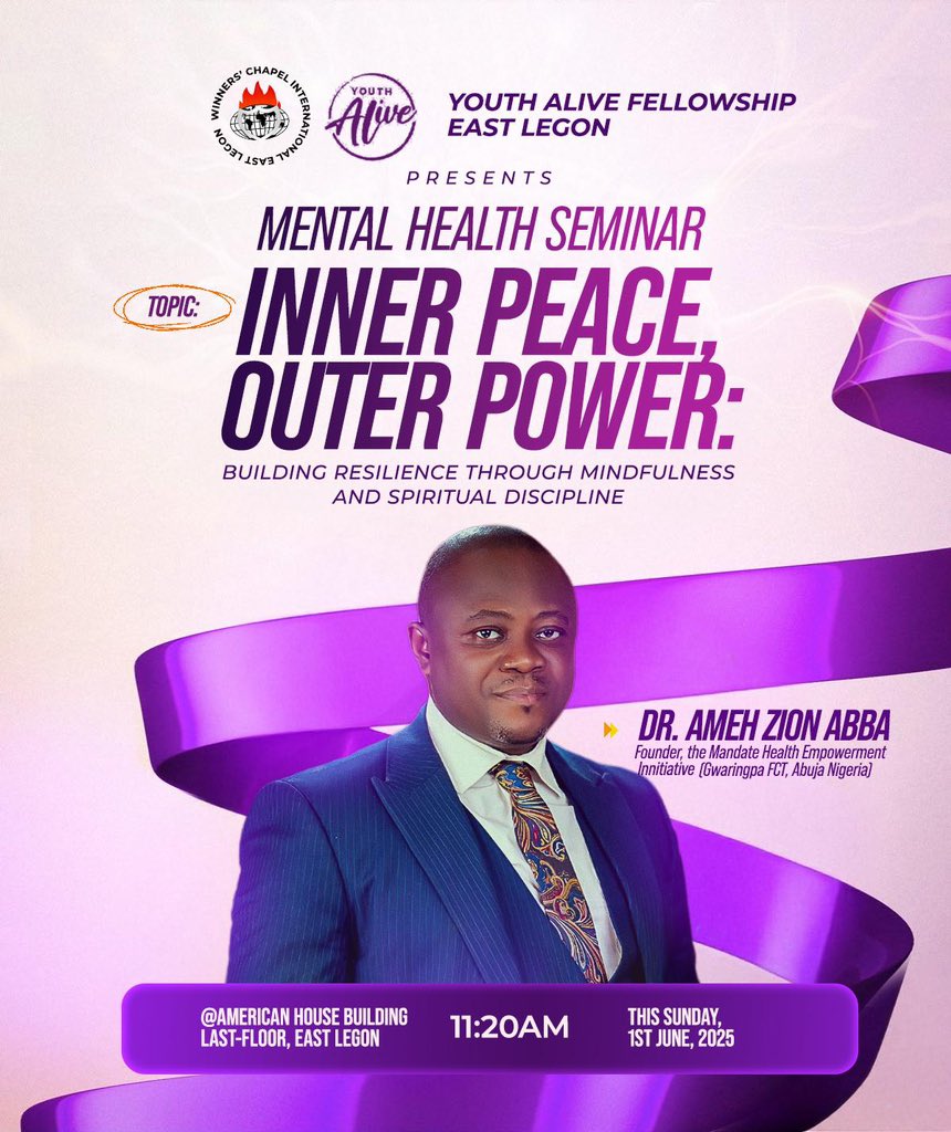 This Sunday 🧠
Join us for a powerful Mental Health Seminar w/ Dr. Ameh Zion Abba 🇳🇬

Topic: Inner Peace, Outer Power
🕒 11:20AM | 📍 American House Building, East Legon

Let’s talk resilience, mindfulness, &amp; spiritual discipline.
Don’t miss this!