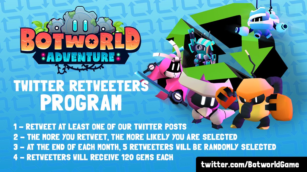Botworld Adventure® (@botworldgame) on Twitter photo We are excited to announce the winners of the Twitter (X) Retweeters Program for the month of May:
<a href="/TheArenamaster1/">the arena master (again)</a>
<a href="/AdretaRyder/">Adreta Ryder</a>
<a href="/Lexiand/">Daniel</a>
<a href="/rndmsht_ppx/">BOBO</a>
<a href="/Daniel94871888/">DanielJunro</a>
Congrats to all of you! Make sure to check DMs. #BotworldAdventure #MobileGaming #rpggame #openworld #RPG We are excited to announce the winners of the Twitter (X) Retweeters Program for the month of May:
<a href="/TheArenamaster1/">the arena master (again)</a>
<a href="/AdretaRyder/">Adreta Ryder</a>
<a href="/Lexiand/">Daniel</a>
<a href="/rndmsht_ppx/">BOBO</a>
<a href="/Daniel94871888/">DanielJunro</a>
Congrats to all of you! Make sure to check DMs. #BotworldAdventure #MobileGaming #rpggame #openworld #RPG