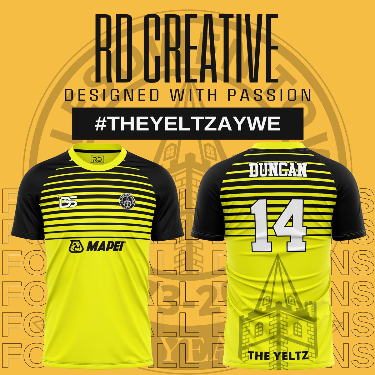 RDCreativeUK's tweet photo. The first 3 in the Non-league Concept range. Up first the home town club @halesowentownfc. Traditional home and away colours with a third kit in regularly used yellow and black. #theyeltzaywe https://t.co/XTpUhWOsKn