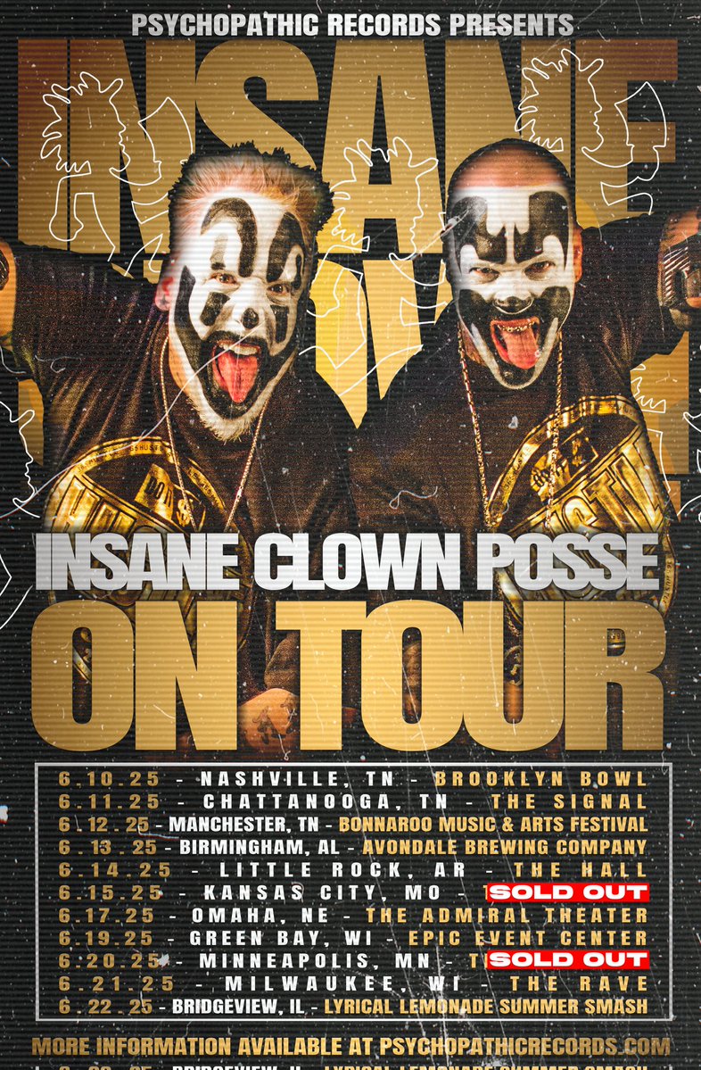 Catch Insane Clown Posse on tour this JUNE! 

Kansas City and Minneapolis are SOLD OUT!!! Don’t get the bone! Get your tickets now or get stuck cryin’ in the parking lot. Whoop Whoop!

More Info: 👇
fanlink.tv/ICPTICKETS 🎟 

DATES:
• 6/10 – Nashville, TN @ Brooklyn Bowl
•