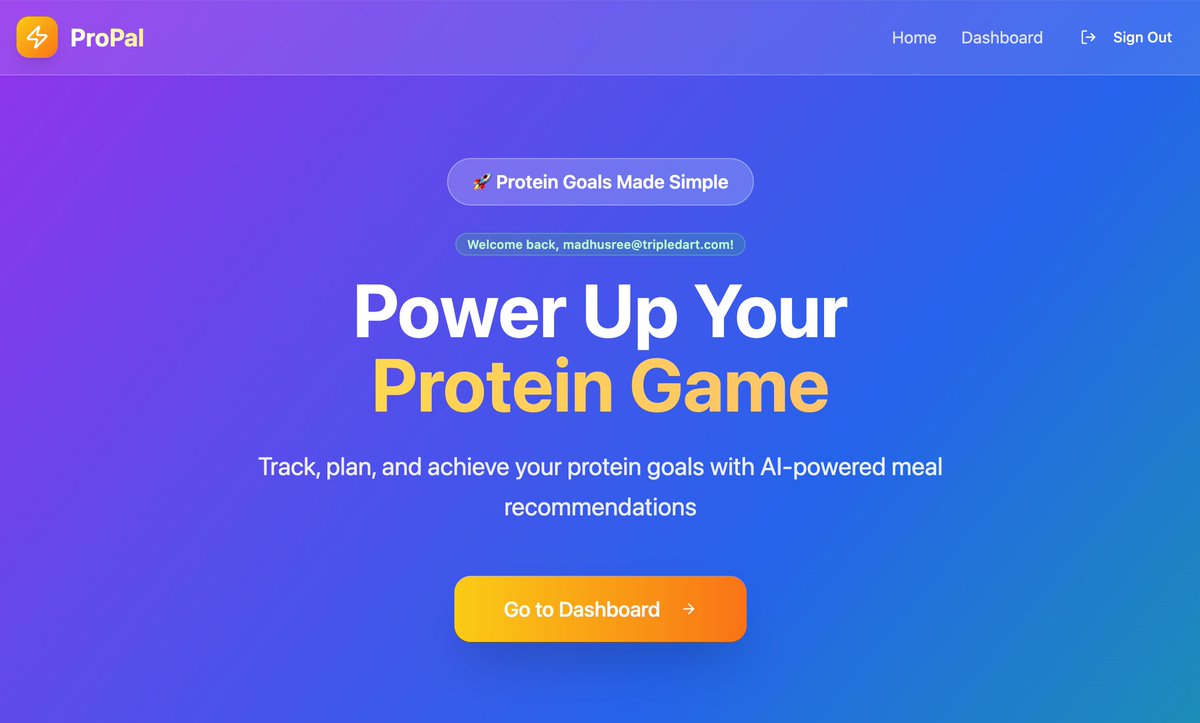 madhusree_p's tweet photo. @SatyasreeBalla and I just built ProPal🎉
Track protein intake, get AI meal plans, turn leftovers into meals, and find local protein spots - all in one app

Try it now → https://t.co/JEudbeefmQ

@ElonMastikhor @ctrl_vibe @NimishaChanda @_takshit https://t.co/D8GMvUVDX0