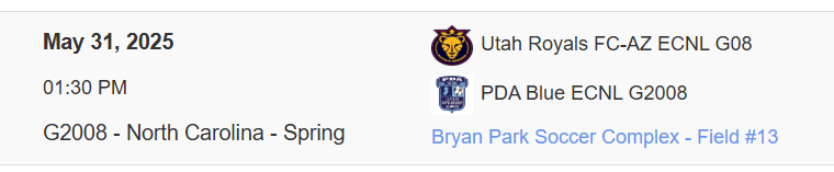 blakeleysoccer's tweet image. Let's Goooo! #ECNLNC Game 2 v PDA Blue got moved up to 1:30pm field #13. See you all out there!
@RoyalsFCAZ @UtahRoyalsFC @PDAGirlsSoccer @ECNLgirls @TheECNL @ImYouthSoccer @ImCollegeSoccer @AZgirlsSoccer @gatorjack72 @imwomenssoccer