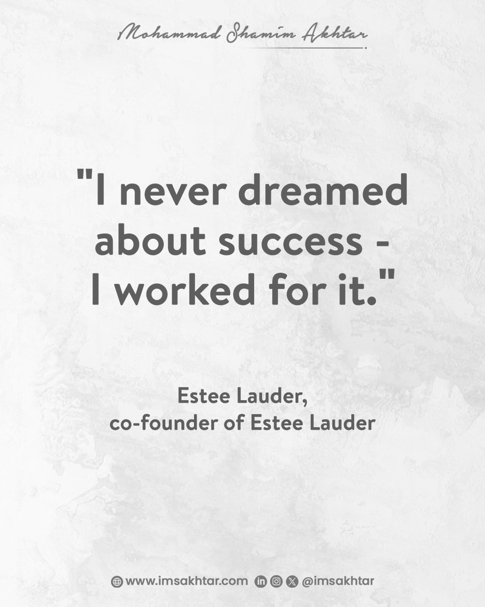💡 "Success isn’t a dream — it’s a decision backed by action"

🔥 Let Estee Lauder’s words remind us that real achievement starts with hard work #SuccessMindset #MotivationalQuotes #EsteeLauder