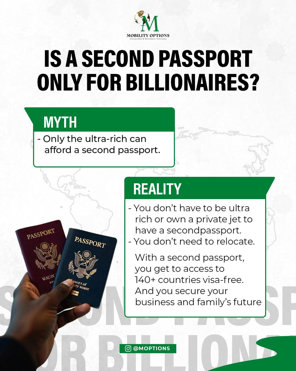 moptionsltd's tweet photo. Think second citizenship is out of your league? Think again.

It is not just for the ultra-wealthy!

info@moptions.org

#secondpassport #secondpassportbyinvestment #citizenshipbyinvestment #investmentopportunities #mobilityoptionsconsultinglimited #globalmobility #visafree https://t.co/TQErBZiD6q