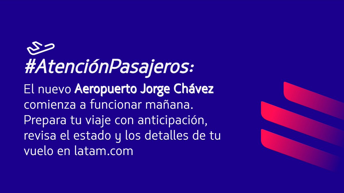 #AtenciónPasajeros: Si viajas desde Lima el 31/05 o 1/06, toma precauciones por la apertura del nuevo aeropuerto <a href="/AeroJorgeChavez/">Aeropuerto Jorge Chávez</a>. Revisa el estado de tu vuelo en latam.com y llega con anticipación. Conoce más, aquí: lnk.to/6OPFfV.