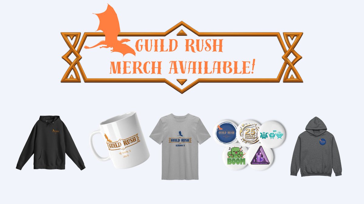 The Guild Rush 2025 Merch Store is now available! Grab your favorite design on a hoodie or add to (or start) your coffee cup collection! How about that adorable set of Guild Rush 2025 pins? Profits are donated to <a href="/GamersOutreach/">Gamers Outreach</a> &amp; you get a cool keepsake. guild-rush-2025-shop.fourthwall.com