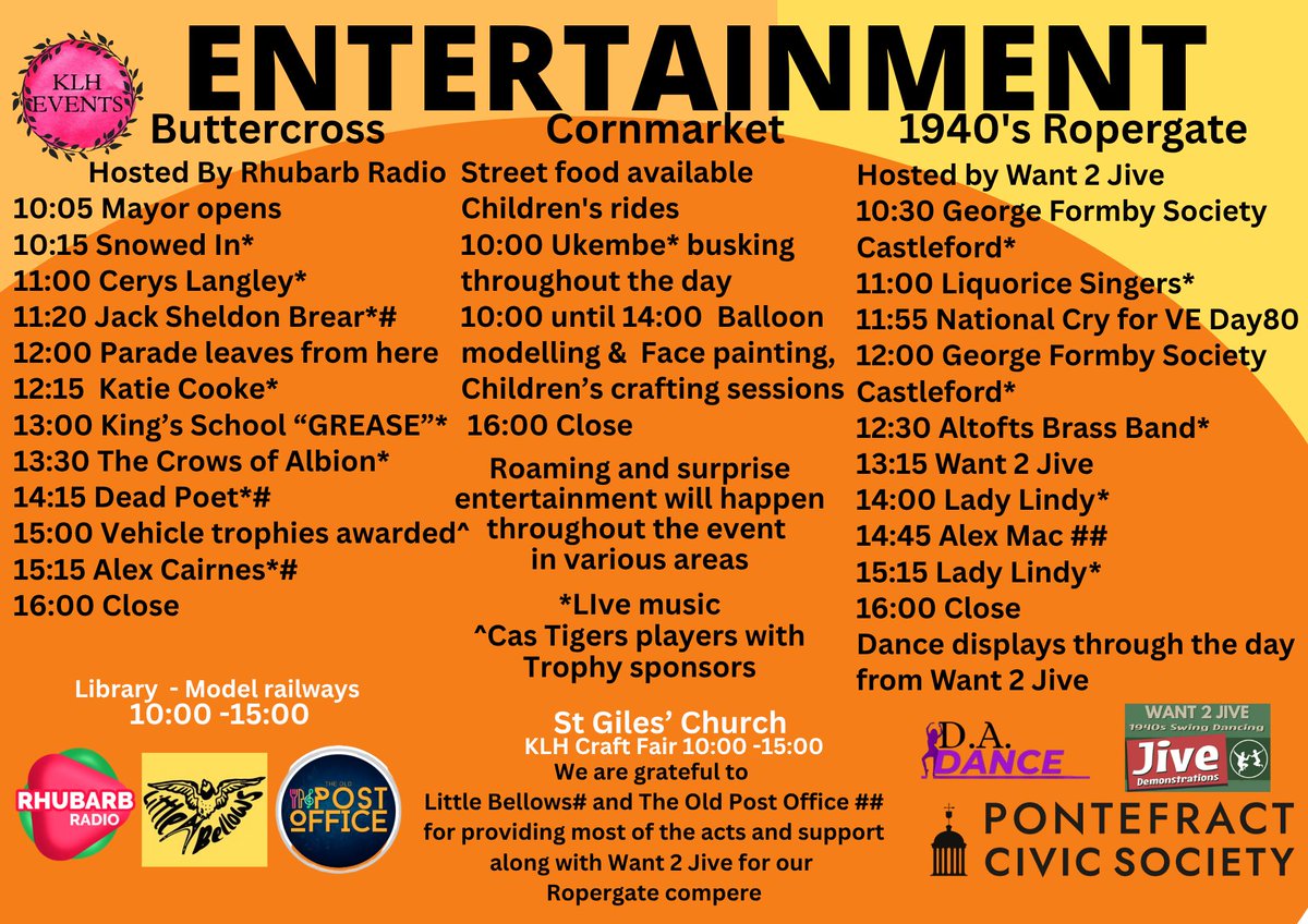 PontefractCivic's tweet image. 2 weeks to go to WHEELFEST25 &amp;amp; 1940s Ropergate. Here&apos;s entertainment offer. Free event for all ages. Put the date in your phone or calendar - Sat 14 June Pontefract Town Centre #wf25 #wheelfest #pontefract #cars #MilitaryHistory #singers #dancers #food #childrensactivities #rides