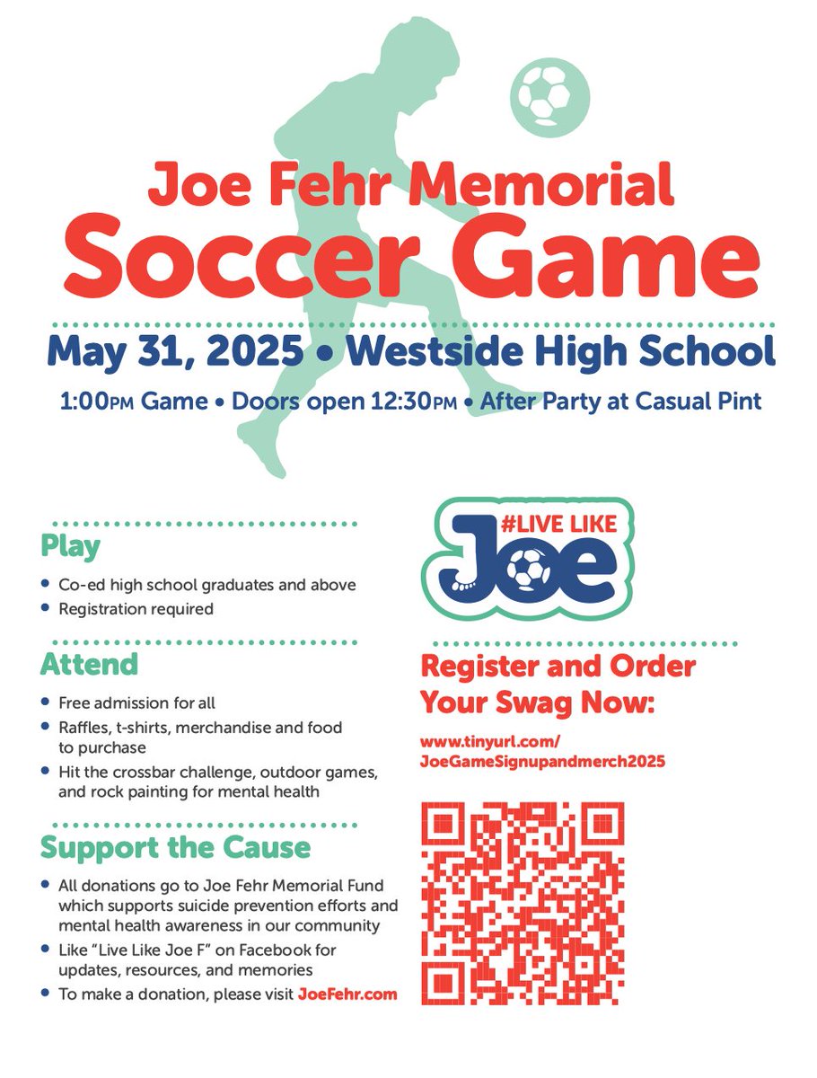 Westside66's tweet photo. There is still time to help us make a difference. Support the Joe Fehr Memorial Soccer Game!
TODAY, May 31
WHS – Phelps Field
Your story isn’t over, tomorrow needs you.
Information & T-Shirt orders: https://t.co/yJjiPU5PHt or scan the QR code.
#LiveLikeJoe https://t.co/m9wGZ9TRFG