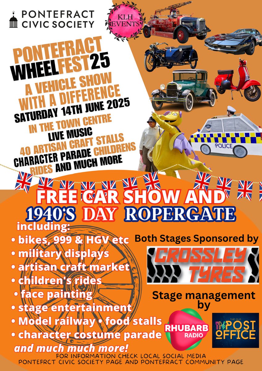 PontefractCivic's tweet image. 2 weeks to go to WHEELFEST25 &amp;amp; 1940s Ropergate. Here&apos;s entertainment offer. Free event for all ages. Put the date in your phone or calendar - Sat 14 June Pontefract Town Centre #wf25 #wheelfest #pontefract #cars #MilitaryHistory #singers #dancers #food #childrensactivities #rides