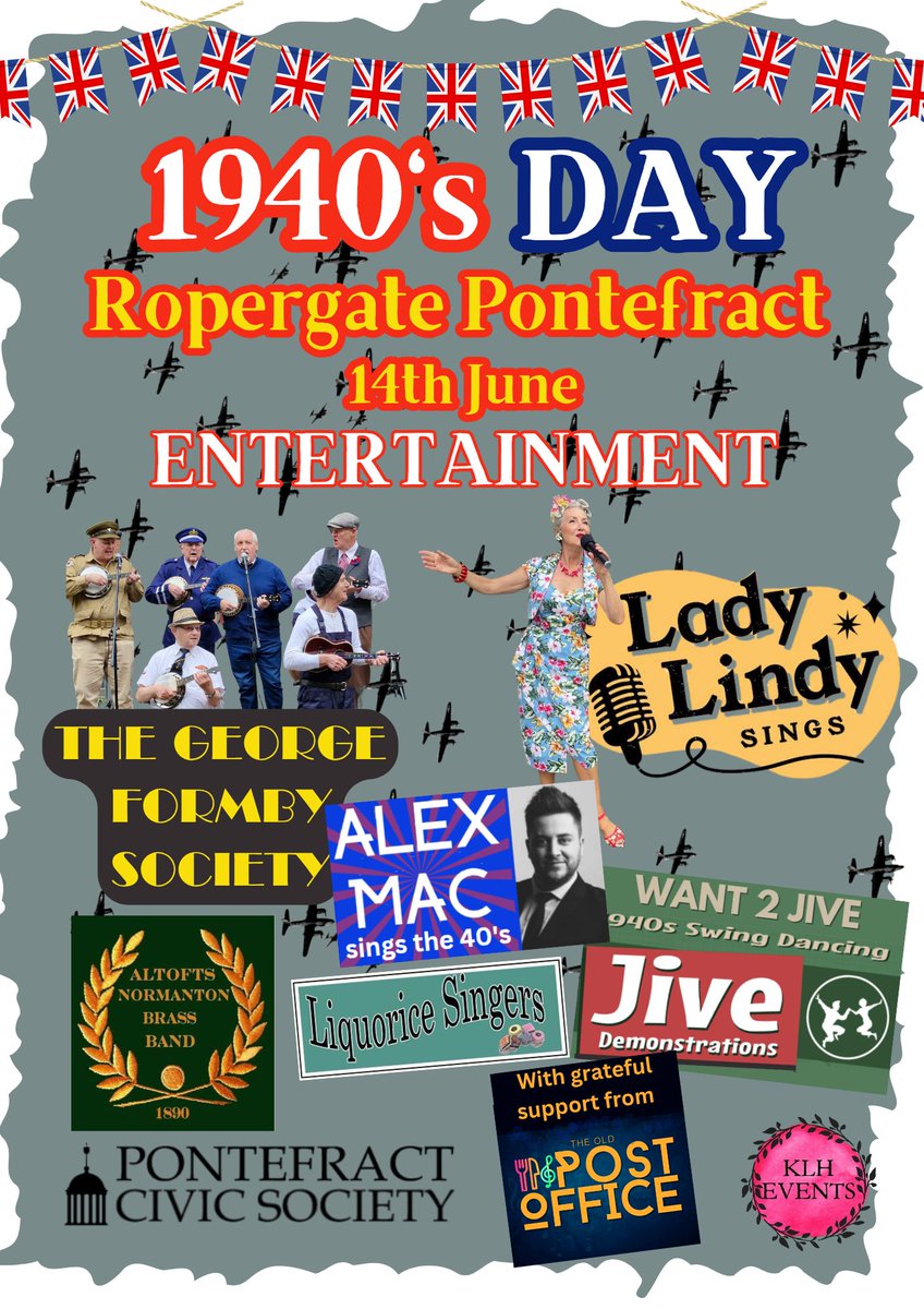 PontefractCivic's tweet image. 2 weeks to go to WHEELFEST25 &amp;amp; 1940s Ropergate. Here&apos;s entertainment offer. Free event for all ages. Put the date in your phone or calendar - Sat 14 June Pontefract Town Centre #wf25 #wheelfest #pontefract #cars #MilitaryHistory #singers #dancers #food #childrensactivities #rides
