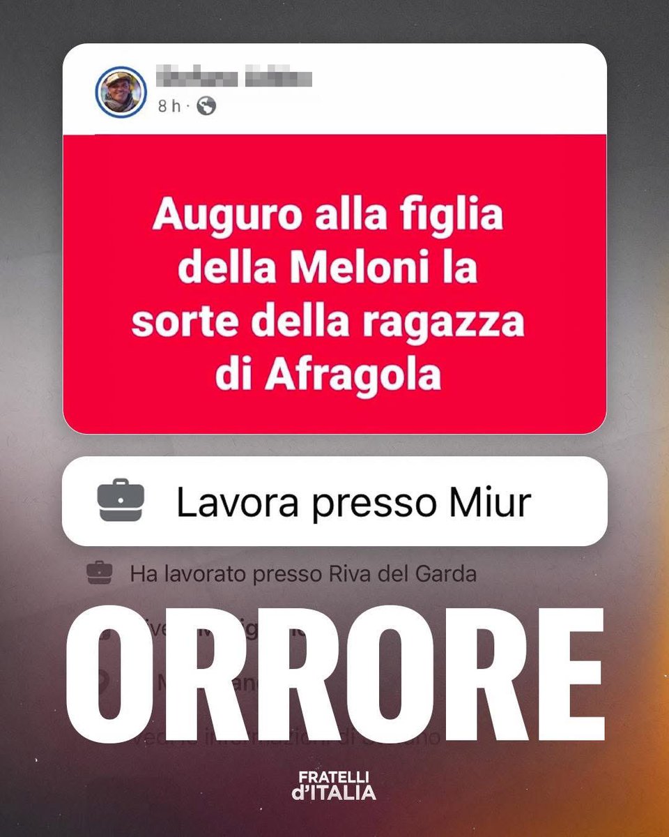 Francesco Lollobrigida 🇮🇹 (@francescolollo1) on Twitter photo Solidarietà alla Presidente <a href="/GiorgiaMeloni/">Giorgia Meloni</a> e un tenero abbraccio a sua figlia colpita da parole d’odio. Minacciare è un gesto intollerabile, colpire una bambina è ignobile e vile. Il clima di odio verso Meloni porta a questo, augurare la morte una bambina di 7 anni. Inaccettabile Solidarietà alla Presidente <a href="/GiorgiaMeloni/">Giorgia Meloni</a> e un tenero abbraccio a sua figlia colpita da parole d’odio. Minacciare è un gesto intollerabile, colpire una bambina è ignobile e vile. Il clima di odio verso Meloni porta a questo, augurare la morte una bambina di 7 anni. Inaccettabile