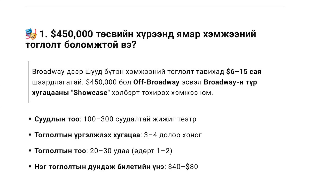 За чаалдаа broadway-д бүрэн хэмжээний тоглолт тавихад 6-15 сая доллар шаардлагатай гэж бнашт. 450К доллар зөвхөн showcase тоглолтод л хүрэх юм бна. 10, 20, 30 их наядтай хүн л хийх ажил бна. 🤑🤑🤑
