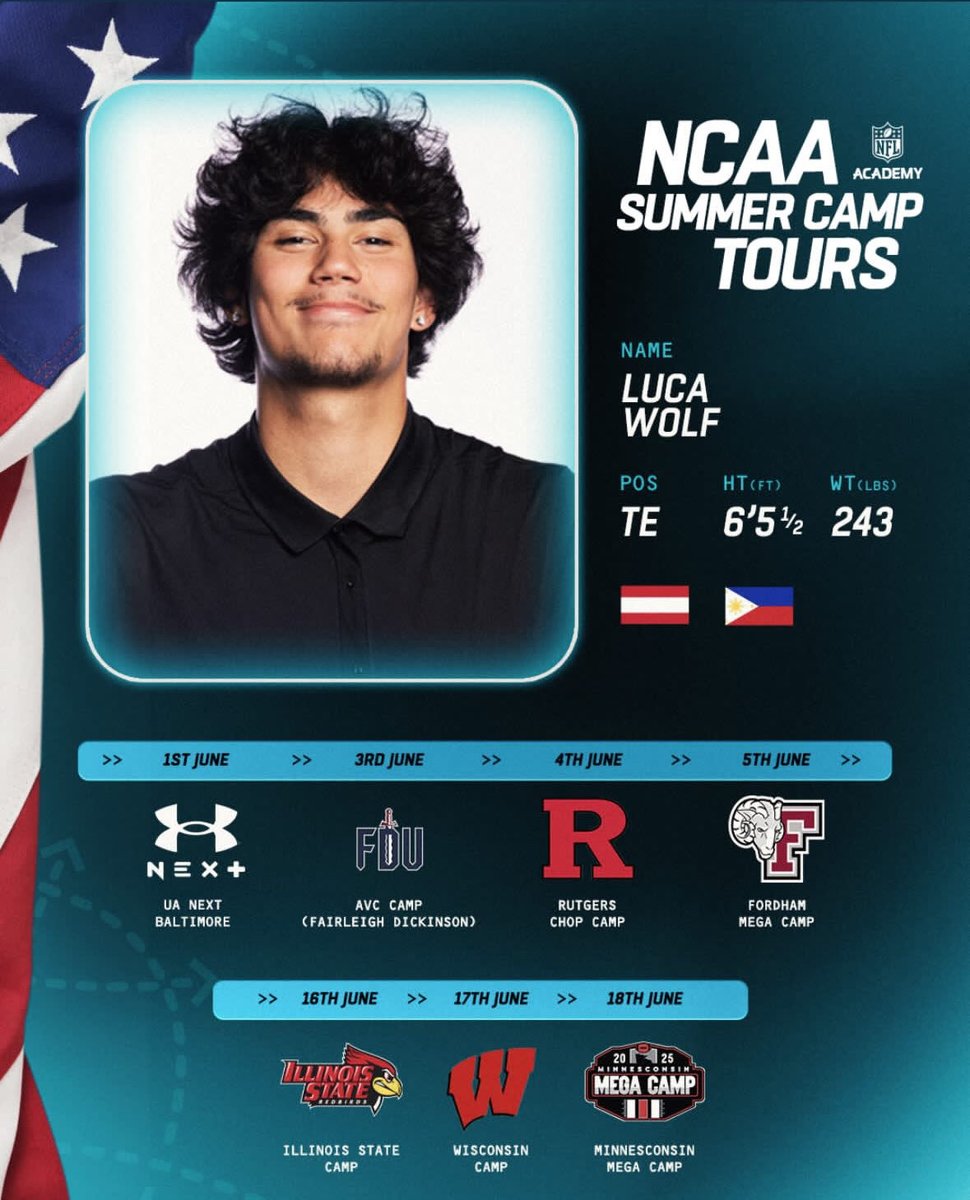 Luca Georg Wolf (@lwglf) on Twitter photo I’ll be attending these at the 2025 <a href="/NFLAcademy/">NFL Academy</a> camp tour this summer!
<a href="/coachstevehagen/">Coach Hagen</a> <a href="/KrisDurham16/">Kris Durham</a> <a href="/georgereynolds_/">Coach George Reynolds</a> I’ll be attending these at the 2025 <a href="/NFLAcademy/">NFL Academy</a> camp tour this summer!
<a href="/coachstevehagen/">Coach Hagen</a> <a href="/KrisDurham16/">Kris Durham</a> <a href="/georgereynolds_/">Coach George Reynolds</a>