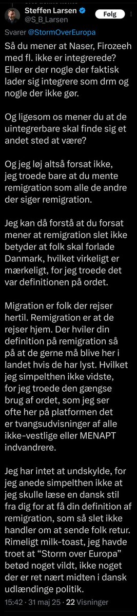 Dennis Corell (@dcorell) on Twitter photo Vi må konstatere at <a href="/S_B_Larsen/">Steffen Larsen</a> er du eller bevist spiller dum.
Her opdigter han stråmænd om <a href="/StormOverEuropa/">Storm over Europa</a> syn på tingene. Så han kan fordreje samtalen og angribe en præmis, der er langt fra det oprindelige udgangspunkt.
En dybt forkastelig moral, som vi kender det fra Vi må konstatere at <a href="/S_B_Larsen/">Steffen Larsen</a> er du eller bevist spiller dum.
Her opdigter han stråmænd om <a href="/StormOverEuropa/">Storm over Europa</a> syn på tingene. Så han kan fordreje samtalen og angribe en præmis, der er langt fra det oprindelige udgangspunkt.
En dybt forkastelig moral, som vi kender det fra