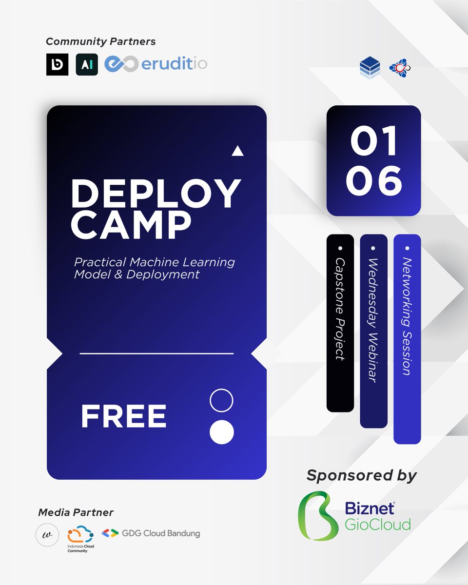 pelajardata's tweet photo. 🚀 Belajar Machine Learning itu seru, apalagi kalau bisa langsung praktek dan... GRATIS!

🚀DEPLOY CAMP dari pelajardata! Belajar deploy ML ke cloud + kerja tim + kompetisi project nyata 🔥 Perfect buat upgrade skill ML-mu! https://t.co/u8v0yzwZnd