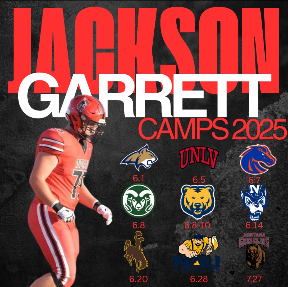 Many thanks to all the coaches who sent personal invites this camp season; I really appreciate the love! Wish I could make them all but, here’s where I’ll be this summer📍#AGTG #Blessed 

<a href="/MSUBobcats_FB/">Montana State Football</a> <a href="/bvigen/">Brent Vigen</a> <a href="/coach_sterbick/">Pete Sterbick</a> <a href="/CoachBap/">Nick Jean-Baptiste</a> <a href="/CoachSmith59/">Matthew Smith</a> <a href="/unlvfootball/">UNLV Football</a> <a href="/CoachDanMullen/">Dan Mullen</a>