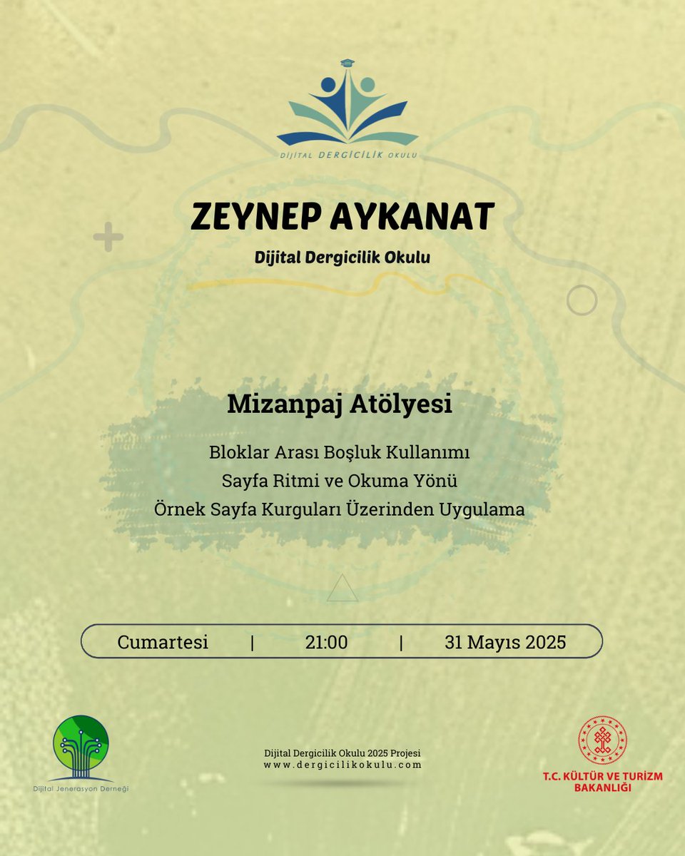 Zeynep Aykanat ile Mizanpaj Atölyesi dersimizle;

Bloklar Arası Boşluk Kullanımı
Sayfa Ritmi ve Okuma Yönü
Örnek Sayfa Kurguları Üzerinden Uygulama

📅 31 Mayıs 2025, Cumartesi
🕘 21:00
🚩 Dijital Dergicilik Okulu
