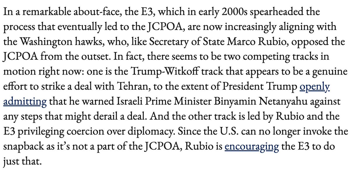 Kelley B. Vlahos (@kelleybvlahos) on Twitter photo Curious that France, UK, Germany, at the urging of Rubio are pushing for snap back sanctions when they know it could kill any deal that Trump/Witkoff are brokering today with Tehran đ€ Great reporting here from <a href="/EldarMamedov4/">Eldar Mamedov</a>
(below) Curious that France, UK, Germany, at the urging of Rubio are pushing for snap back sanctions when they know it could kill any deal that Trump/Witkoff are brokering today with Tehran đ€ Great reporting here from <a href="/EldarMamedov4/">Eldar Mamedov</a>
(below)
