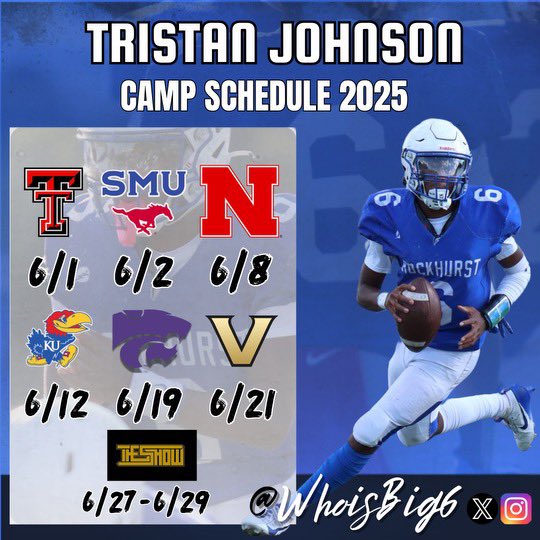 Camp schedule for 2025 <a href="/RockhurstFB/">Rockhurst Hawklets Football</a> <a href="/_CoachMattWells/">Matt Wells</a> <a href="/247recruiting/">247Sports Recruiting</a> <a href="/Rivals/">Rivals</a> <a href="/TexasTechFB/">Texas Tech Football</a> <a href="/HuskerFootball/">Nebraska Football</a> <a href="/KU_Football/">Kansas Football</a> <a href="/VandyFootball/">#17 Vanderbilt Football</a> <a href="/NxgnCamps/">NXGN Camps, Inc</a>
