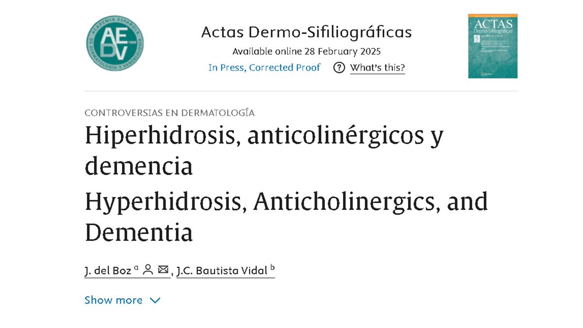 Los anticolinérgicos orales son una de las alternativas terapéuticas para el manejo de la #hiperhidrosis, y en este trabajo que publicamos en la prestigiosa revista <a href="/ActasDS/">Actas DS</a> , ya disponible online👇👇
doi.org/10.1016/j.ad.2…
revisamos un tema controvertido: