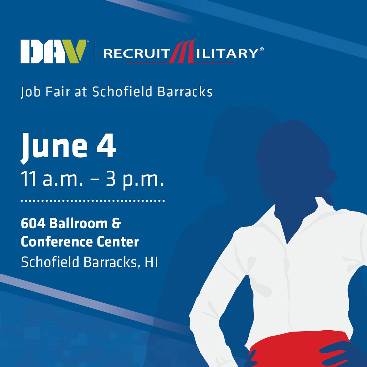 Disabled American Veterans (DAV) (@davhq) on Twitter photo On Wednesday, June 4, at 11 a.m. (Hawaii), DAV and <a href="/RecruitMilitary/">RecruitMilitary</a> will host an in-person job fair for transitioning service members, veterans, members of the National Guard and Reserves, and military spouses at Schofield Barracks. Register now: dav.la/3SNO70P. On Wednesday, June 4, at 11 a.m. (Hawaii), DAV and <a href="/RecruitMilitary/">RecruitMilitary</a> will host an in-person job fair for transitioning service members, veterans, members of the National Guard and Reserves, and military spouses at Schofield Barracks. Register now: dav.la/3SNO70P.
