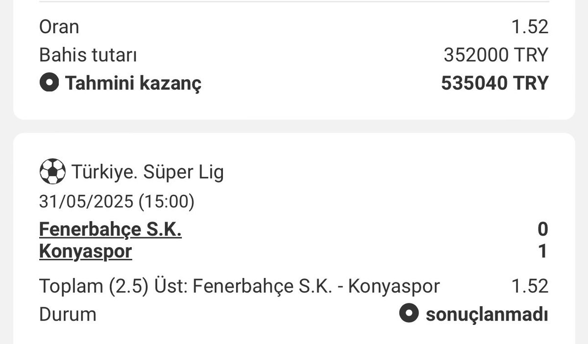 Fenerbahçe - Konyaspor maçının 2.5 gol üst tercihine tam 350k bahis aldım. Kazanırsak rt ve fav atan 10 takipçime 5000₺ yollıcam. Destek olan 10 takipçim dm kontrolü yapsın.