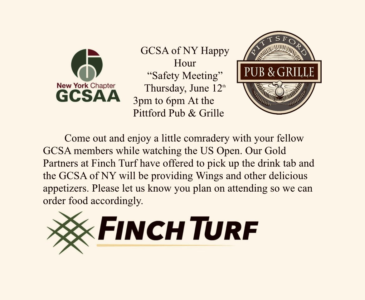 GCSANY (@gcsany) on Twitter photo Come out to our safety meeting sponsored by <a href="/FinchTurf/">Finch Turf</a> ! 6/12 from 3-6 pm at the Pittsford Pub & Grille Come out to our safety meeting sponsored by <a href="/FinchTurf/">Finch Turf</a> ! 6/12 from 3-6 pm at the Pittsford Pub & Grille
