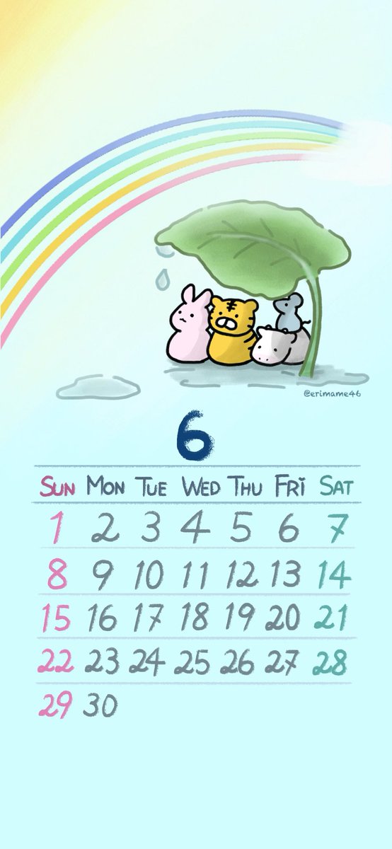 erimame46's tweet photo. 6月カレンダースマホ壁紙サイズです🤳

ロック画面テーマ🌈
「雨上がり」
ホーム画面テーマ🧺
「天日干し」
.
.
 #いらすと #イラストレーター #art #painting #カレンダー #オリジナルイラスト #original  #壁紙 #カレンダー #スマホ壁紙 #ゆるいイラスト #かわいい https://t.co/Hhuuv9S6Ra