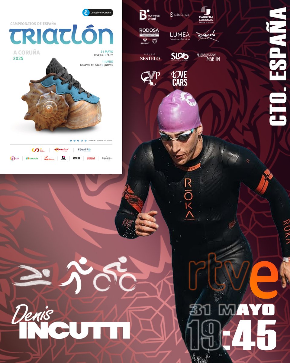Hoy Sábado 31 de Mayo a las 19:45, Denis Incutti participará en el Campeonato de España de Triatlón que tendrá lugar en A Coruña.

El Campeonato se podrá seguir en directo por RTVE en el siguiente link:
rtve.es/play/videos/di…