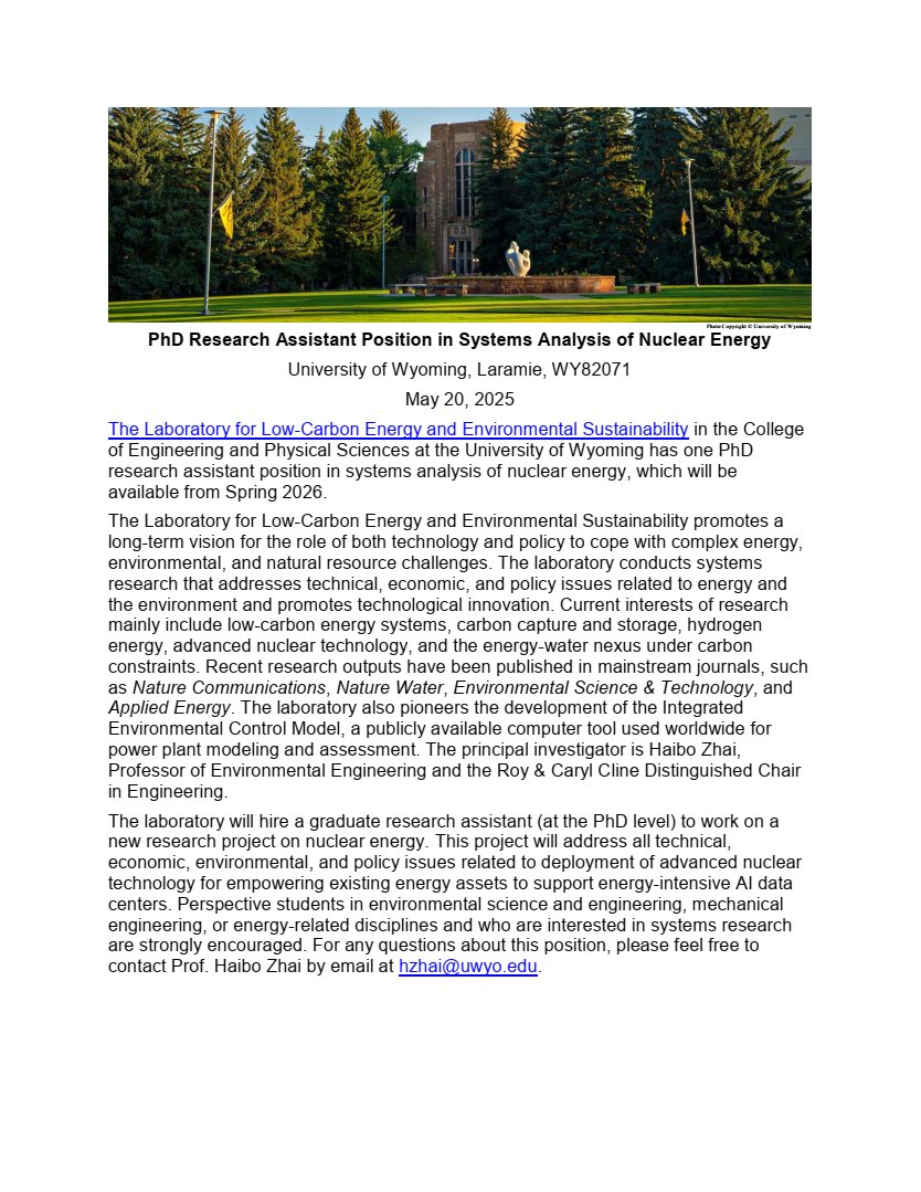 📢 📢 📢 One PhD opening at the the Laboratory for Low-Carbon Energy and Environmental Sustainability, Dr. Haibo Zhai group, in the College of Engineering and Physical Sciences at the University of Wyoming!