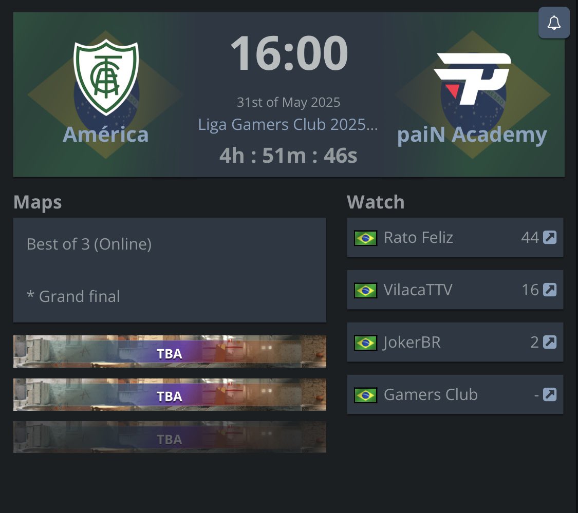 Guilherme Vilaça (@vilacattv) on Twitter photo DIAAA DE FINAL! 🔥
🏆Liga Gamers Club - Série A
🆚<a href="/coelho_eSports/">América Esports</a> vs. <a href="/paiNGamingBR/">paiN Gaming</a>
⏰16h - 🗺️Md3
📺Twitch: VilacaTTV
📺Youtube: VilacaTTV DIAAA DE FINAL! 🔥
🏆Liga Gamers Club - Série A
🆚<a href="/coelho_eSports/">América Esports</a> vs. <a href="/paiNGamingBR/">paiN Gaming</a>
⏰16h - 🗺️Md3
📺Twitch: VilacaTTV
📺Youtube: VilacaTTV