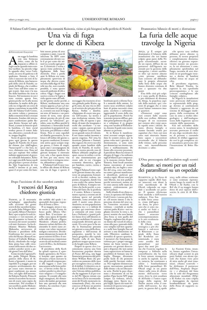 Una via di fuga per le donne di Kibera. Storie da una delle baraccopoli più grandi del mondo. In cerca di quella pace disarmata e disarmante invocata da Papa Leone XIV.
Oggi su <a href="/oss_romano/">L'Osservatore Romano</a> in una pagina tutta africana.
osservatoreromano.va/it/news/2025-0…