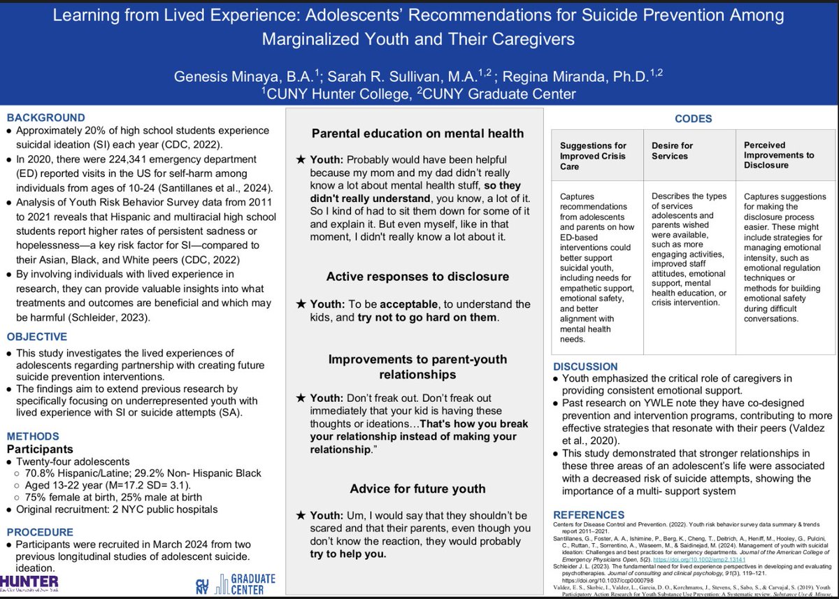 Learning from Lived Experience: Adolescents’ recommendations for suicide prevention among marginalized youth and their caregivers.

Minaya, G. M., Sullivan, S., &amp; Miranda, R.

<a href="/gminaya_/">Gen 🦋</a> 

#ABCTStudentSymposium2025